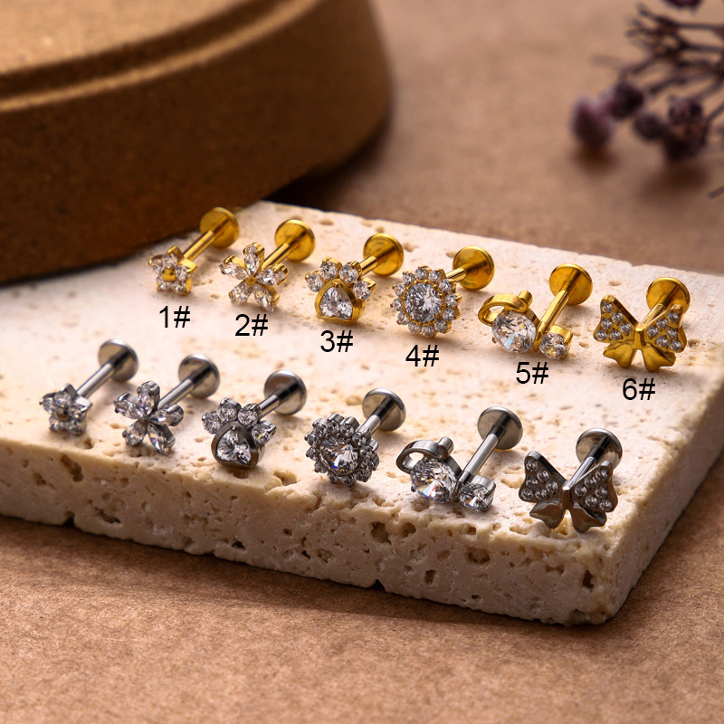1 Piece Ear Cartilage Rings & Studs Basic Classic Style Flower Bow Knot Titanium Plating Inlay Zircon Lip Rings Ear Cartilage Rings & Studs display picture 1