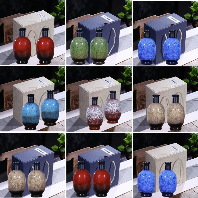 春节礼盒包装一盒2瓶防伪盖彩釉白酒瓶宜兴紫砂陶瓷1斤装小酒坛子