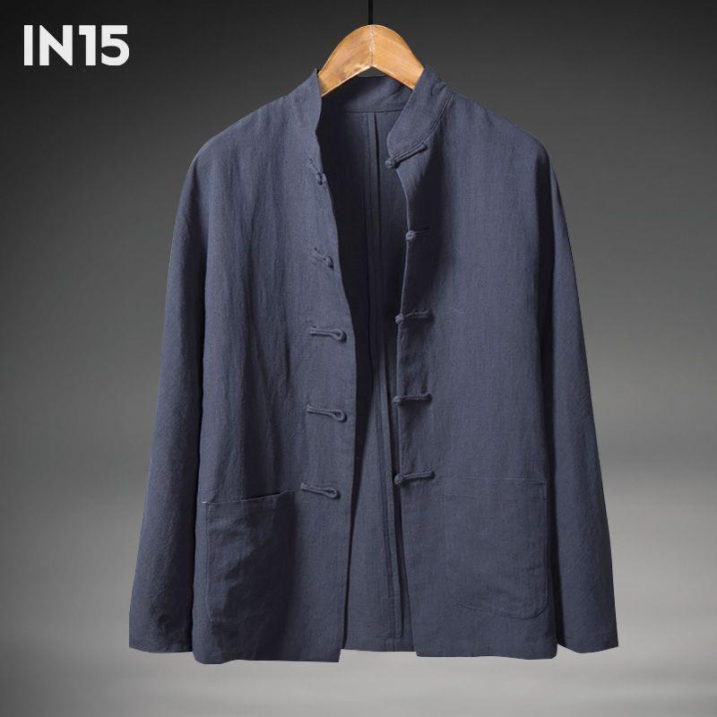 Primavera y otoño Nuevo estilo chino retro para hombres Camisa de lino de estilo chino Camisa de manga larga con hebilla de algodón y lino para hombres con cuello alto Traje Tang