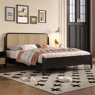 North American Ash Wood Rattan Bed, Retro Log Furniture, Black Solid Wood Bed, French B&B Master Bedroom Solid Wood Double Bed