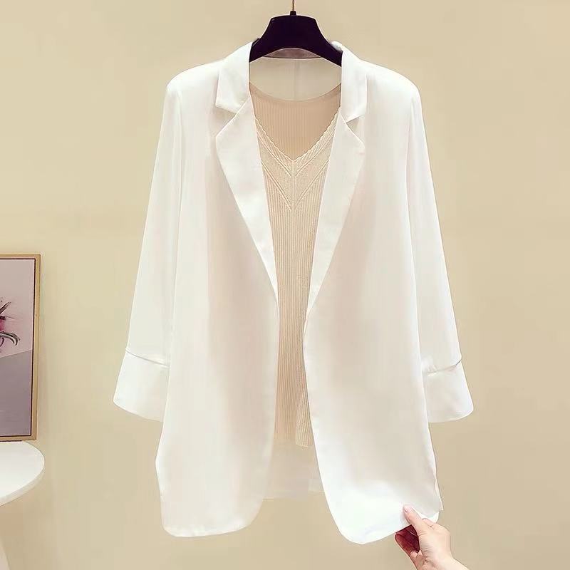 White Chiffon Blazer for Women, Elegant Mid-Length Casual Suit, Loose Thin Jacket for Spring and Summer, Cross-Border Summer Fashion