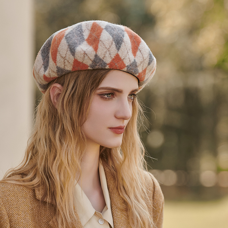 Unisex Contrasting wool berets Fashion casual Autumn/Winter warm and thick plaid patchwork artist hat_voghion.com