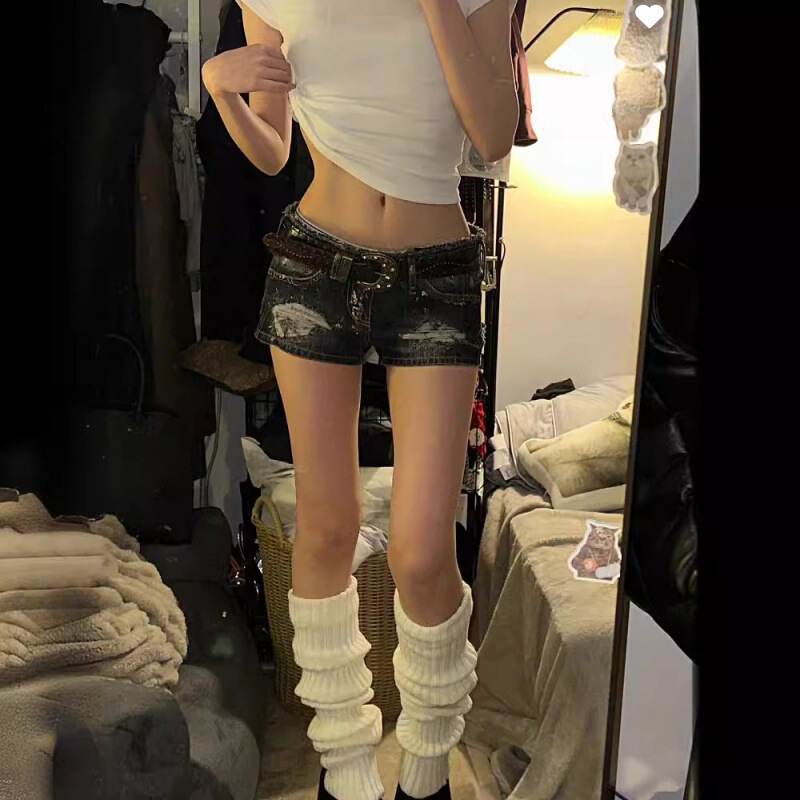 美式y2k大码水洗做旧破洞牛仔短裤女辣妹低腰修身显瘦包臀a字热裤|undefined