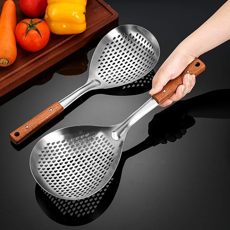 Mango de madera maciza engrosado, colador de pimienta de acero inoxidable, bola de masa, bola de masa, escurrir, freír, filtrar, filtrar, filtrar, cocina, hogar