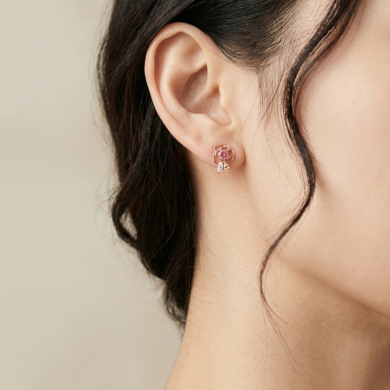 Bông tai bạc S925 mạ vàng hồng đính đá tourmaline hình hoa hồng nhỏ xinh — Một đôi