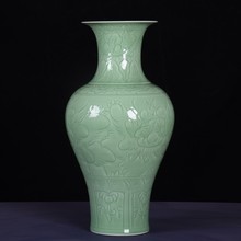 景德镇陶瓷花瓶青釉手工浮雕牡丹荷花现代中式简约家居陶瓷装饰品