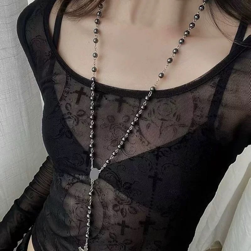 Y2K哥特叠戴项链十字吊坠甜酷辣妹锁骨颈链亚文化少女长款毛衣链|undefined