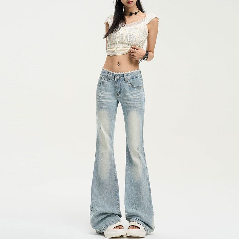 Washed Blue American-Style Flared Pants for Women, 2026 Summer New Lace Patchwork Versatile Slimming Low-Waist Retro Jeans