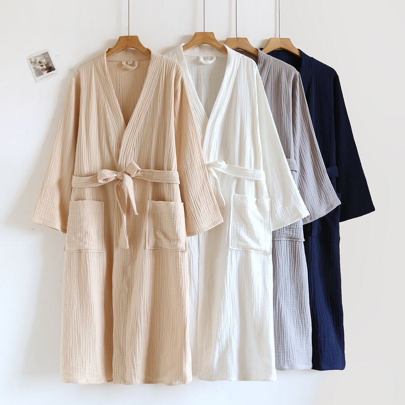 Pure Cotton Four-Season Three-Layer Gauze Bathrobe Men's Large Size 120kg Home Wear Sleepwear Skin-Friendly for Guesthouses and Hotels