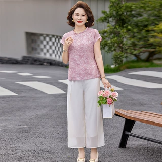 夏季妈妈印花短袖套装2026夏季新款中老年气质大码两件套婆婆小衫