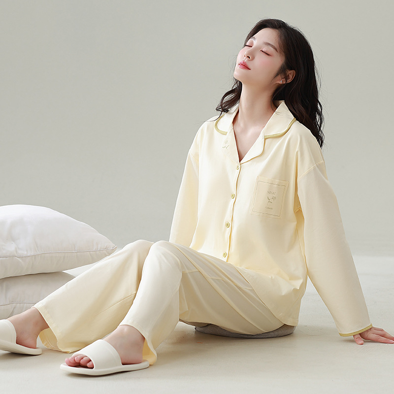 잠옷 여성의 새로운 [COOL COTTON] 긴 소매 바지 세트 옷깃 가슴 패드 솔리드 컬러 편안한 외부 착용 홈 의류 세트