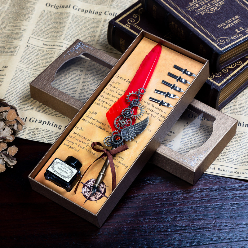 Juego de plumas mecánicas, juego de plumas con engranajes, pluma punk, pluma con alas, pluma de inmersión con plumas