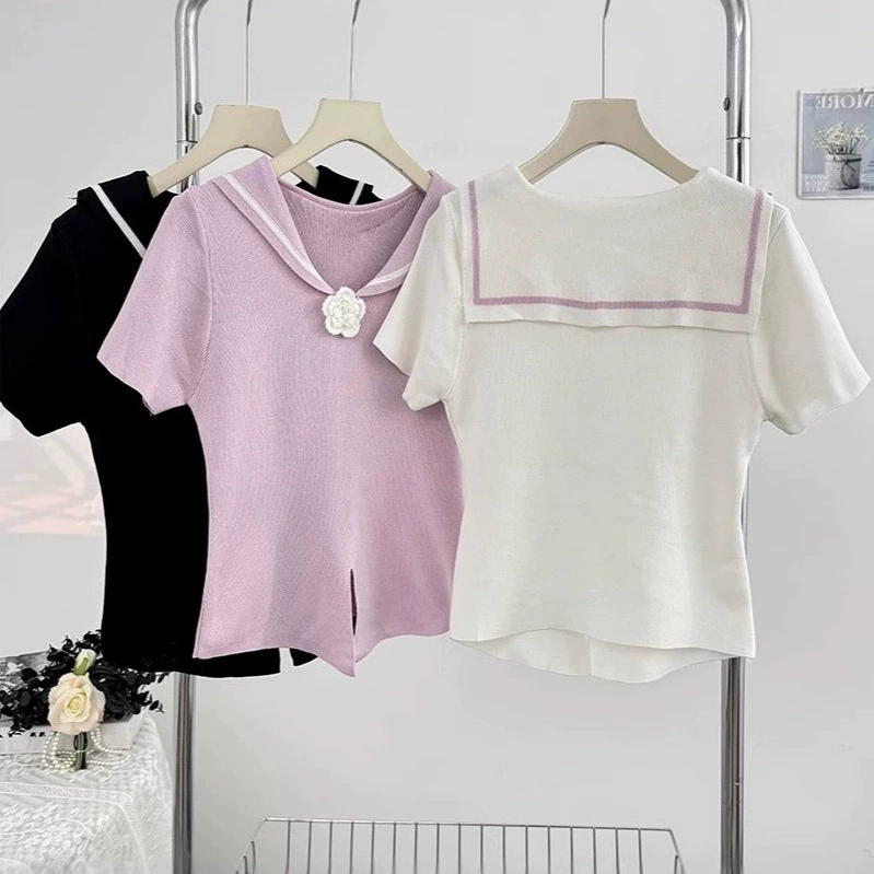 Дизайнерский трехмерный цветочный темно-синий воротник контрастного цвета, свитер с короткими рукавами, женский летний новый утягивающий топ с разрезом