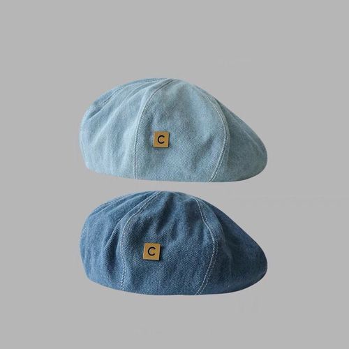High-end Korean-style denim baseball cap for women, large head circumference, suitable for spring and autumn, letter denim blue hat, round face, retro octagonal design