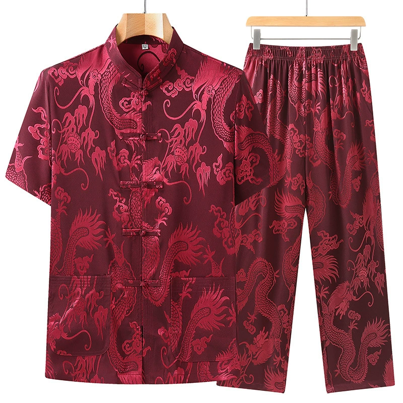 Silk summer thin summer clothing for boys for elderly, set, with short sleeve, Chinese style