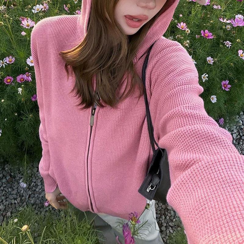Korean-style, relaxed-fit, gray waffle-knit hooded zip-up sweater cardigan, women's autumn new collection outerwear