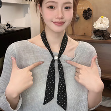 复古长条细窄串珠小丝巾女韩版百搭护颈领巾装饰衬衫毛衣配饰薄款
