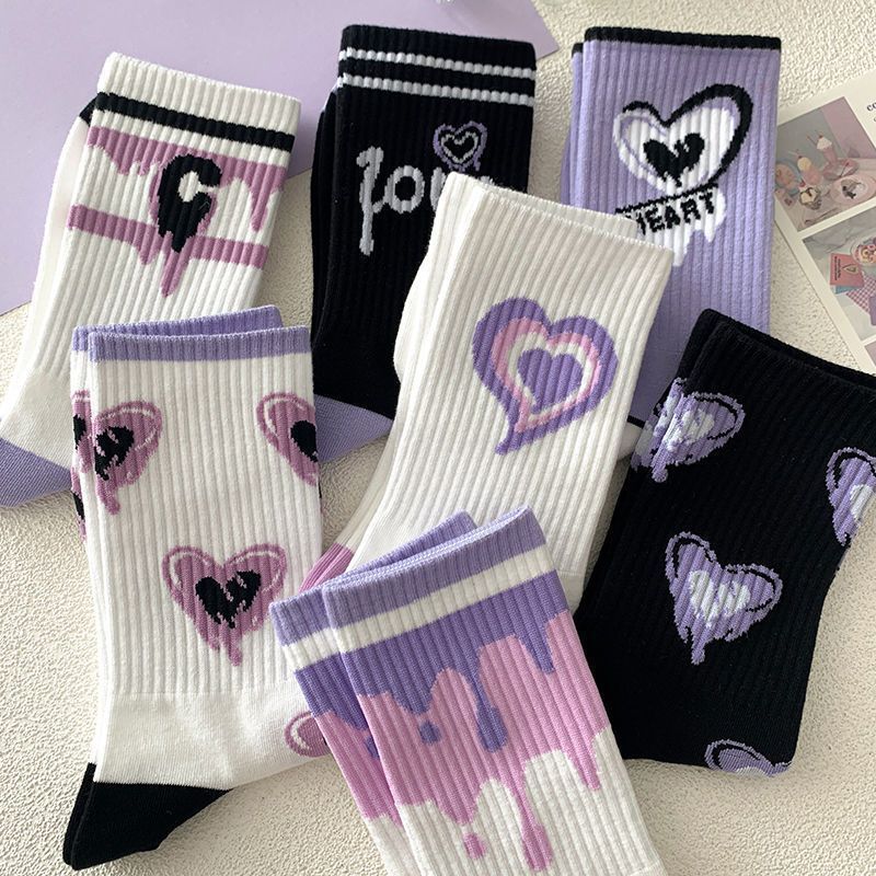 Calcetines finos hasta la pantorrilla para mujer, estilo coreano, modernos y versátiles, con diseño de corazón morado, para conjuntos de vestir, para otoño e invierno.