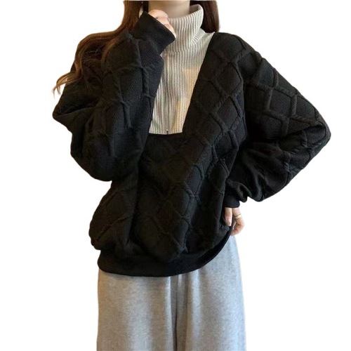 High-sensitivity zipper three-dimensional rhombus sweatshirt for women in autumn and winter, small and lazy style niche tops ins trend