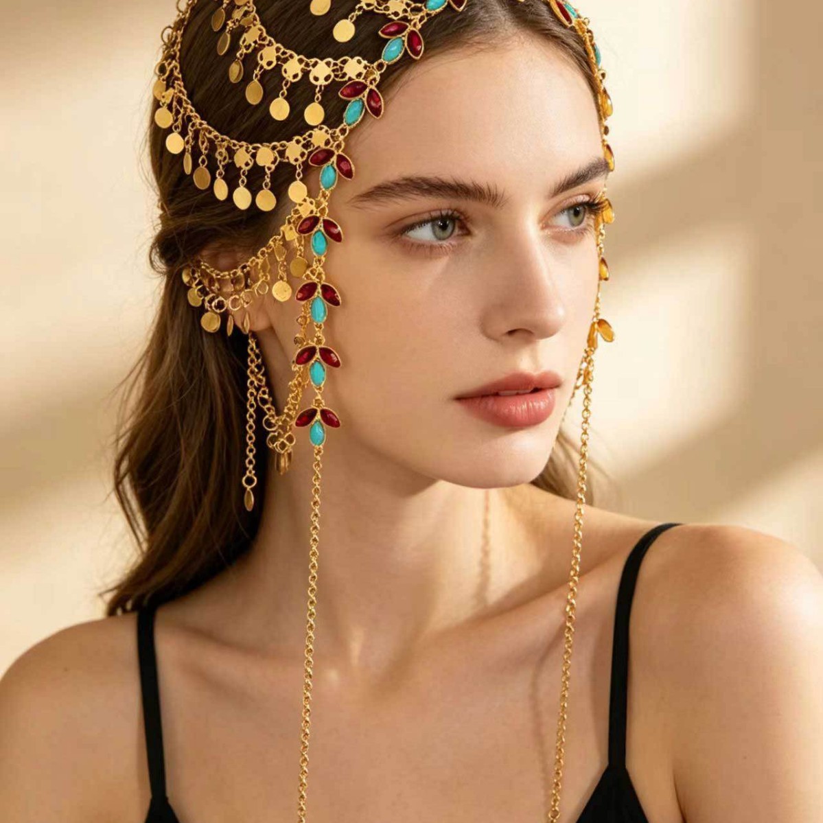 Hot-Selling European and American Style Multi-Layered Coin Tassel Hair Chain, Middle Eastern Arabic Headwear, Bohemian Head Chain