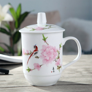 Jingdezhen Ceramic Tea Cup Set Office Cup with Lid Bone China Meeting Cup Household Gift Office Cup