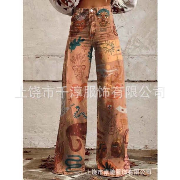 跨境欧美独立站爆款数码印花假牛仔女士阔腿裤 女士喇叭修身长裤|undefined