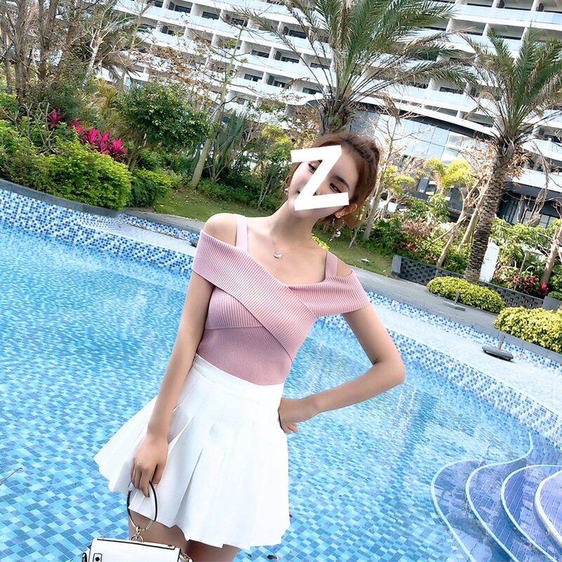 韩版港味小心机一字领吊带修身针织交叉短袖学生原宿露肩上衣女夏|undefined