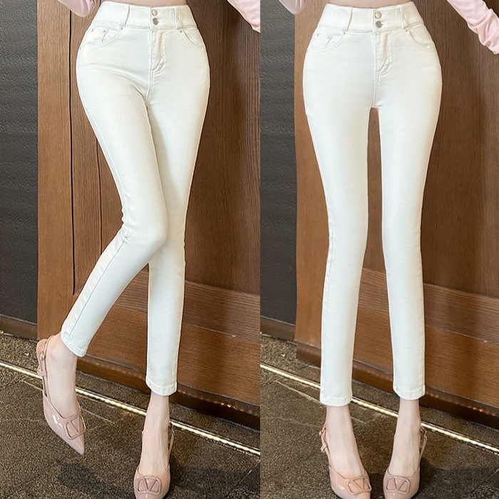 2025春装新款丰胯白色牛仔裤高弹力紧身铅笔裤子简约百搭基础款女