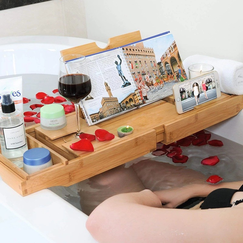 Bamboo Bathroom Storage Rack Mid-plate Upgraded Multi-color Optional Mobile Phone Tablet Red Wine Multi-function Bath Bucket Storage Rack