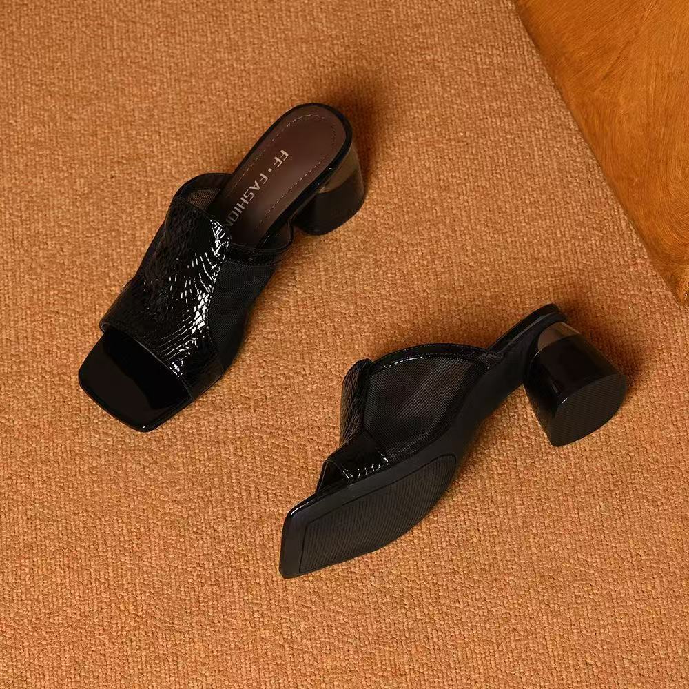 Zapatos de mujer de tamaño grande, tela de malla de moda coreana transpirable, dedos abiertos y versátiles, zapatillas de tacón grueso para mujeres. image 6