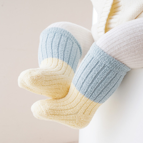 Children's socks Autumn and Winter Baby and Toddler Fleece Warm Baby Slouch Mouth Tube Socks for Boys and Girls Coral Newborn Striped