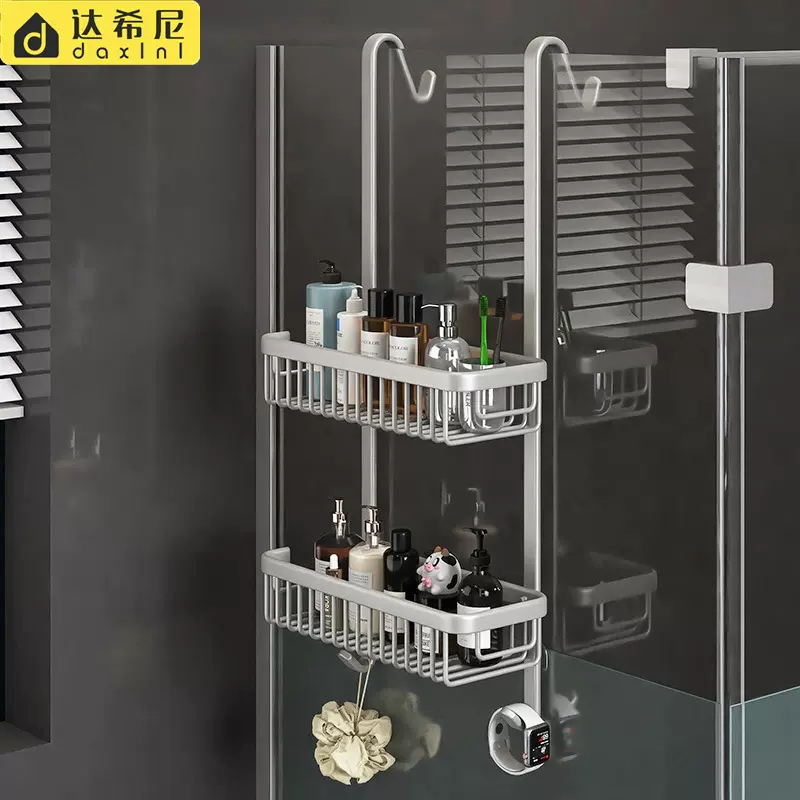 太空铝浴室置物架玻璃门挂架双层收纳挂篮免打孔卫生间悬挂收纳架