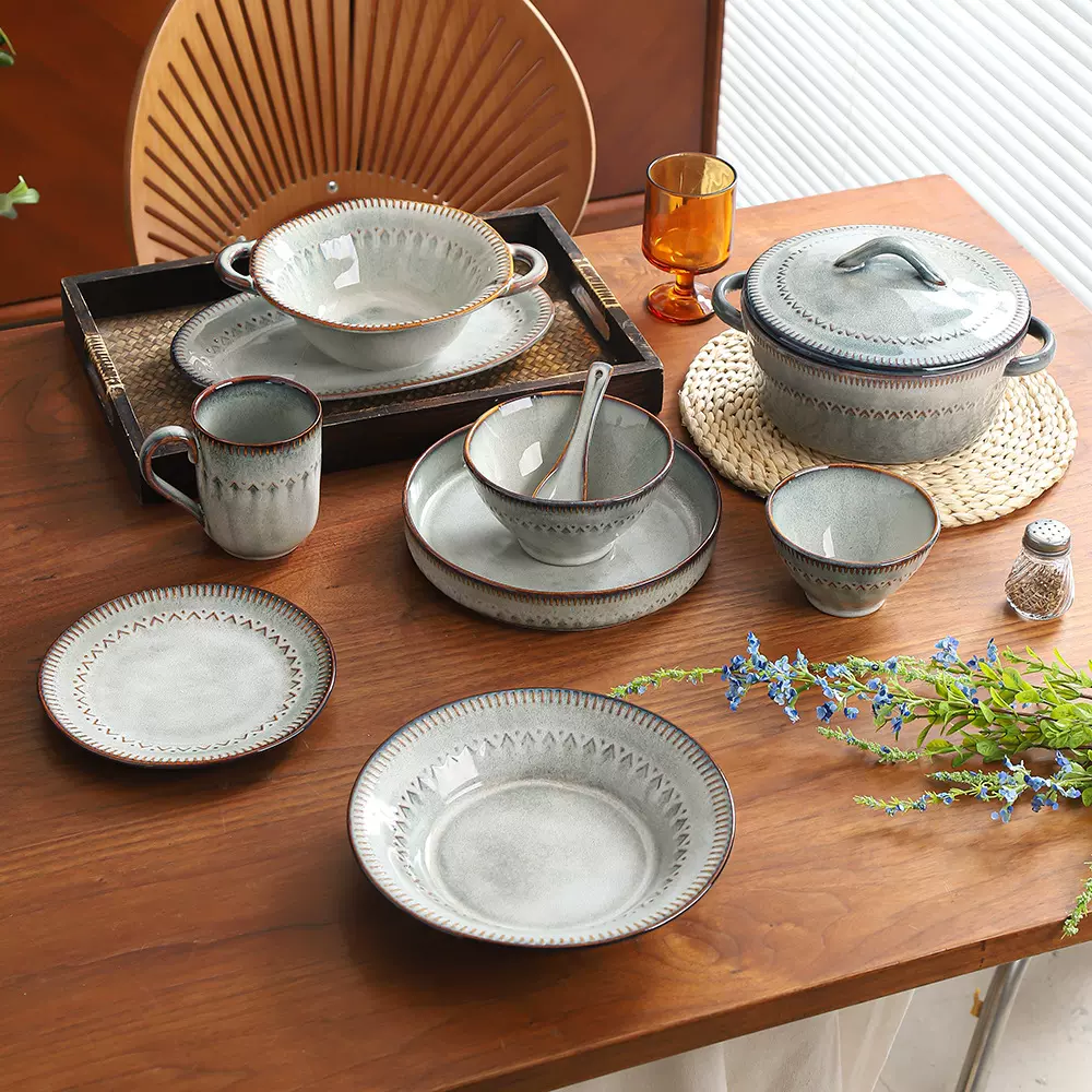 窑变陶瓷餐具复古饭碗面碗汤碗餐厅碗盘碟套装浮雕沙拉碗厂家批发