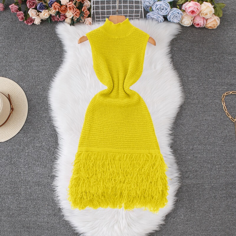 European and American Fashion Sleeveless Export Dress Women's Summer High-End Slim Elegant Tassel Sweater Dress Cross-Border Women's Dress