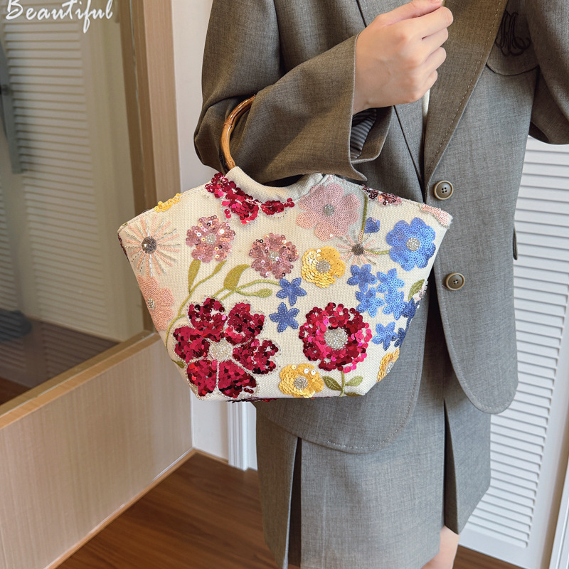 New Chinese Style Bamboo Handbag Women's New Mesh Embroidery Sequin Appliqué Holiday Style Hand Tote Bag