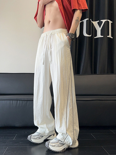 White Slim-Fit Quick-Dry Pants for Men, Summer Thin Fashion Brand Sports Wide-Leg Pants, American-Style Straight-Leg Loose Casual Pants