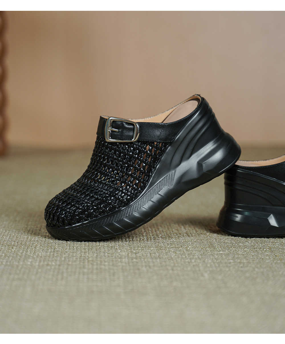 Sandal cao gót nữ mũi hở đế xuồng 8.5cm da thật kiểu La Mã đan lưới — màu đen, màu mơ chi tiết 13