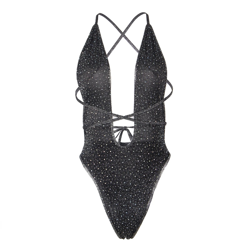 Europeo y americano más tamaño sexy Lencería mujer profundo cuello en V sexy backless Halter Correa flash diamante mono Amazon venta al por mayor