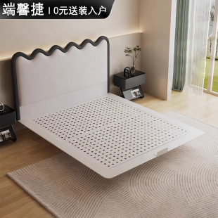 French Ripple Wave Bed Suspended Bed Modern Simple Ultra-Thin Bedside Bed Velvet Double Bed Carbon Steel Fabric Bed