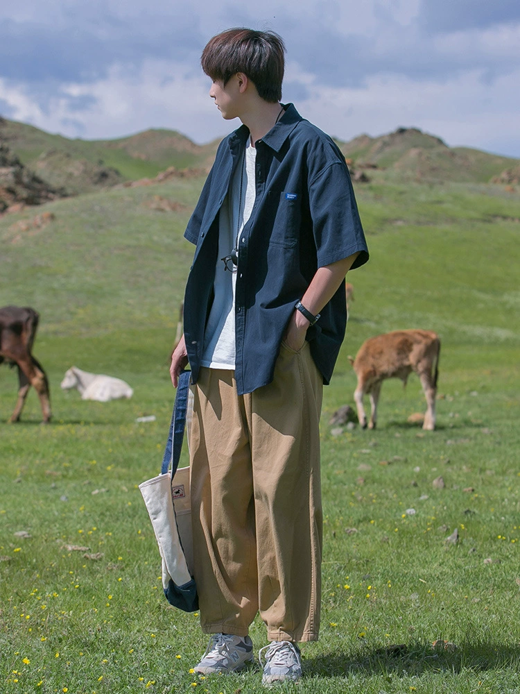 Молодежная мужская рубашка с короткими рукавами в японском стиле, летняя тонкая модная брендовая свободная куртка-рубашка с половиной рукавов, крутая рабочая одежда