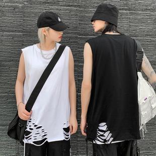 Loose All-match Rough Solid Color Waistcoat Vest Men's and Women's Trendy Brand Street Hem Cut-off Destruction T-shirt Sleeveless Top