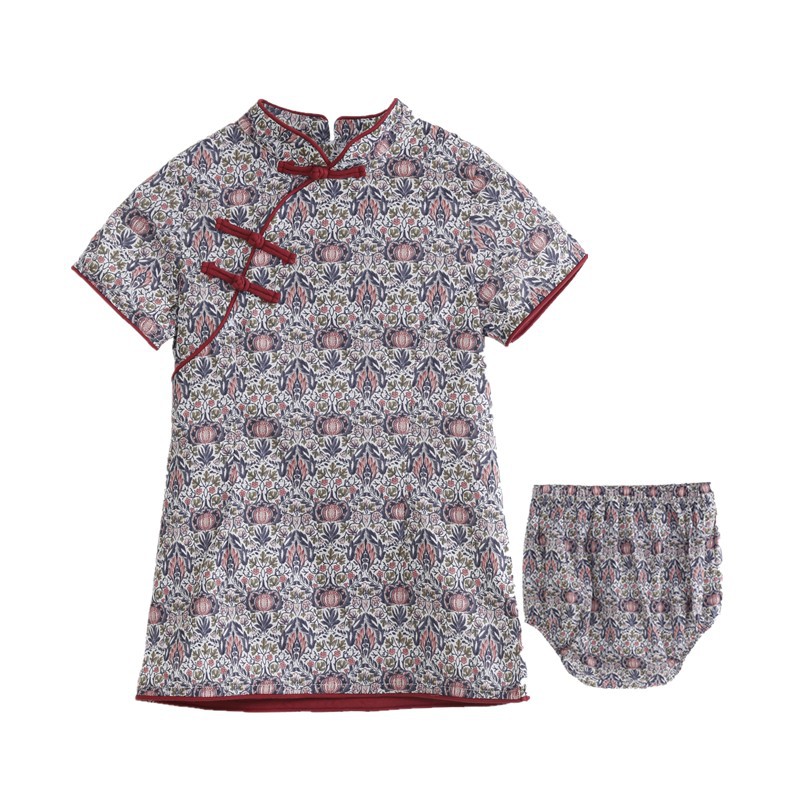 Pink Lantern flowers printing Tang costume girl summer Short sleeved cheongsam Chinese style Dress 2021 New children's Hanfu