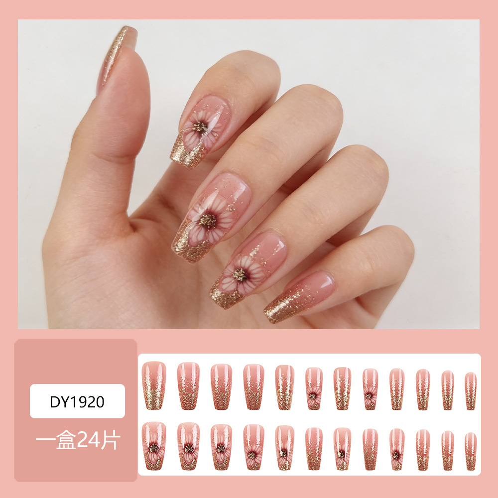 Polvo desnudo Daisy dorado brillante manicure francés suave estilo de hadas desgaste de uñas 24 piezas empaquetadas parches de uñas terminados