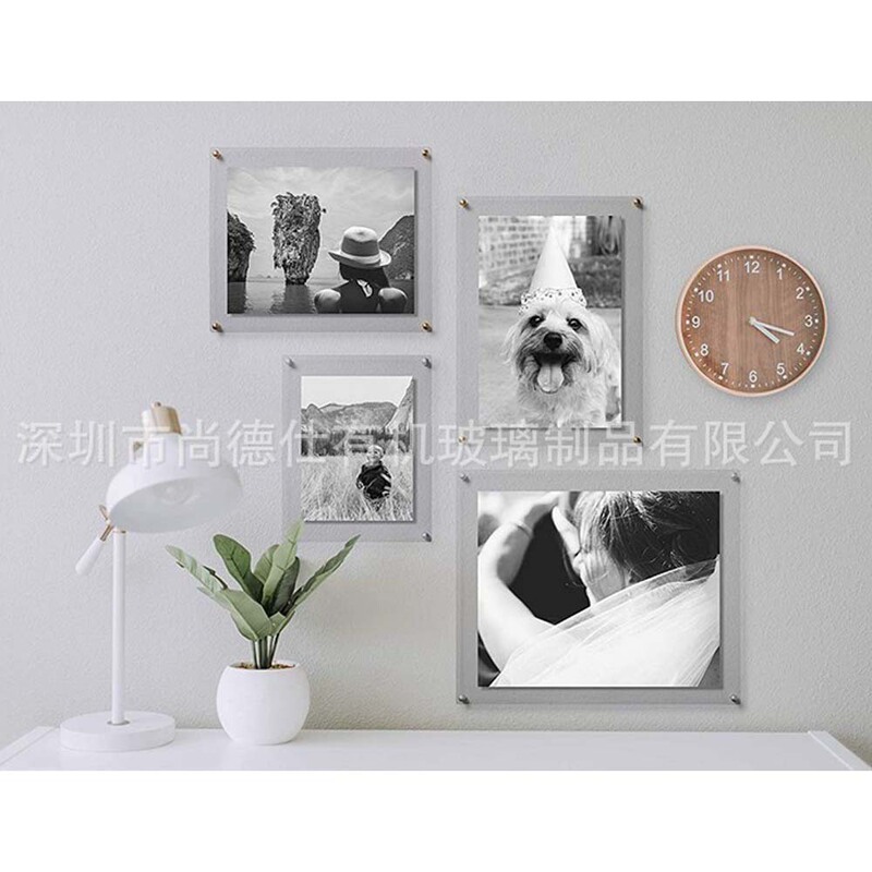 Make clear floating double plate acrylic photo frame 20.32*25.4cm gold hardware