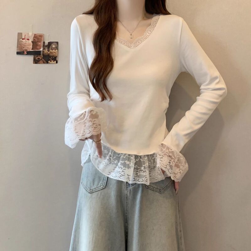 大きいサイズ V ネックレース裾長袖 Tシャツ女性のための春と秋の新しいファットミリリットウエスト痩身ベルスリーブトップ女性のための|undefined