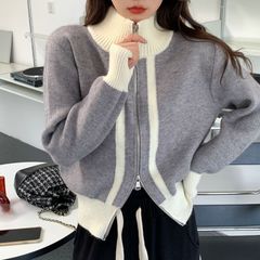 初秋服2025年新作初恋感ニットカーディガントップス配色ジッパーセーター女性用デザイン性ニッチ