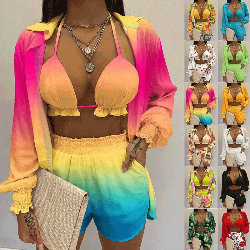 European and American Amazon New Three-Piece Tropical Printed Lantern Sleeve Shirt and Shorts Suit with Navel Sling European and American Amazon New Three-Piece Tropical Printed Lantern Sleeve Shirt and Shorts Suit with Navel Sling