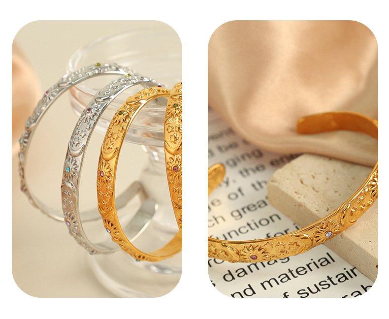 19g Weight PVD Coated Real Gold Plated Sun Moon Titanium Steel Retro Simple Style Waterproof Non Tarnish Titanium Steel Bangle