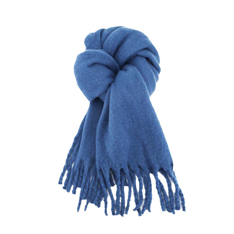 Bufanda de mohair grueso azul, ambiente de otoño e invierno, babero de color sólido de todo fósforo femenino, chal cálido de borla de sentido avanzado