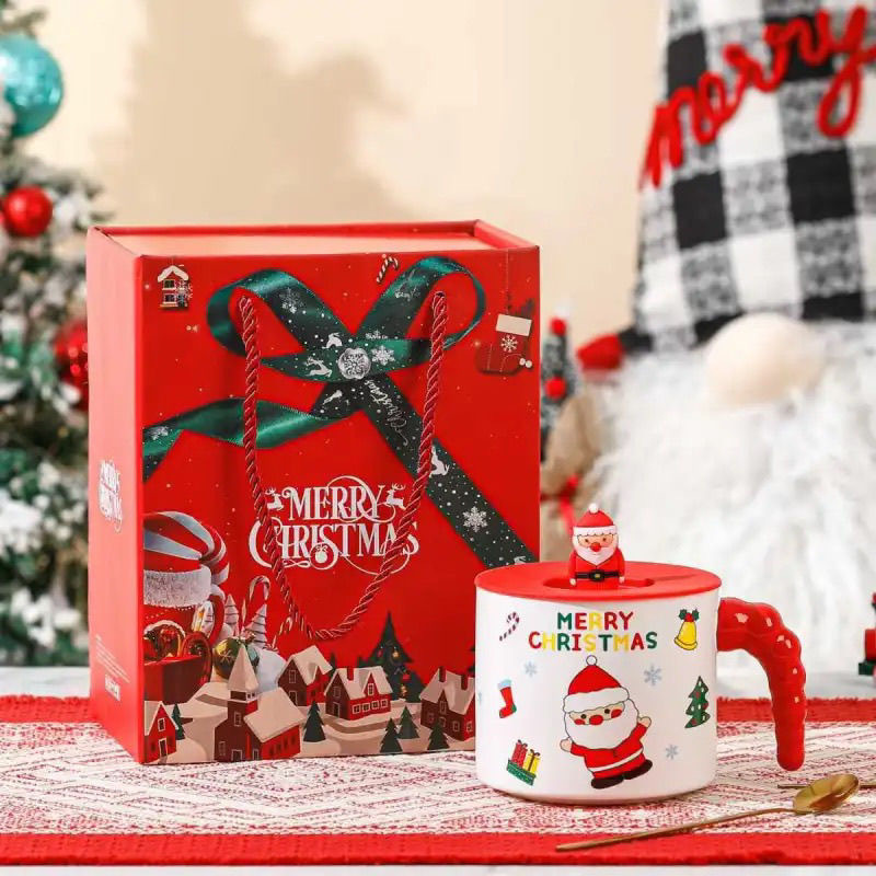 Taza navideña creativa, taza de cerámica con tapa y cuchara, taza para beber, taza de alta gama, taza de gran capacidad con diseño de árbol de Navidad